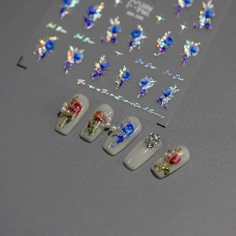 Rose Nail Art Stickers Metal Style Rose Flower Adhesive Embossed Sticker Decals MN303