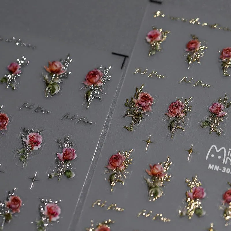 Rose Nail Art Stickers Metal Style Rose Flower Adhesive Embossed Sticker Decals MN303