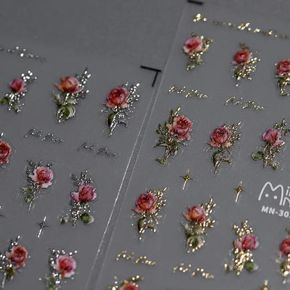 Rose Nail Art Stickers Metal Style Rose Flower Adhesive Embossed Sticker Decals MN303