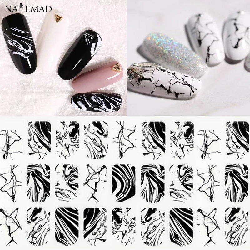 Black & White Marble Nail Stickers – 3D Ink Splash Full Wraps