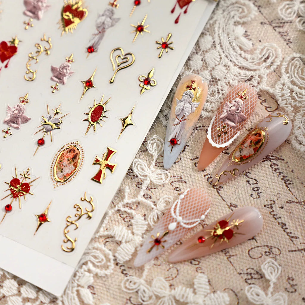 Sacred Heart Angel Nail Stickers | Vintage Gothic Cross Decals TL406