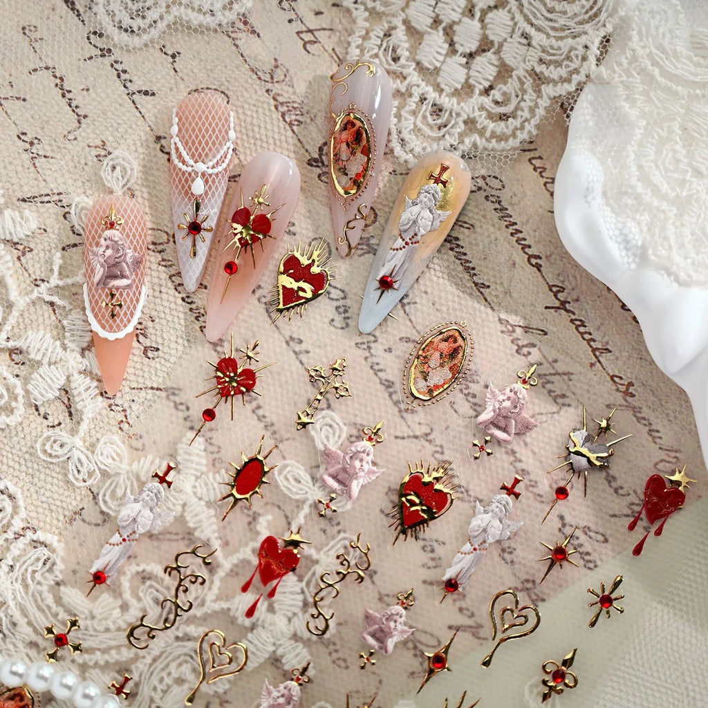 Sacred Heart Angel Nail Stickers | Vintage Gothic Cross Decals TL406