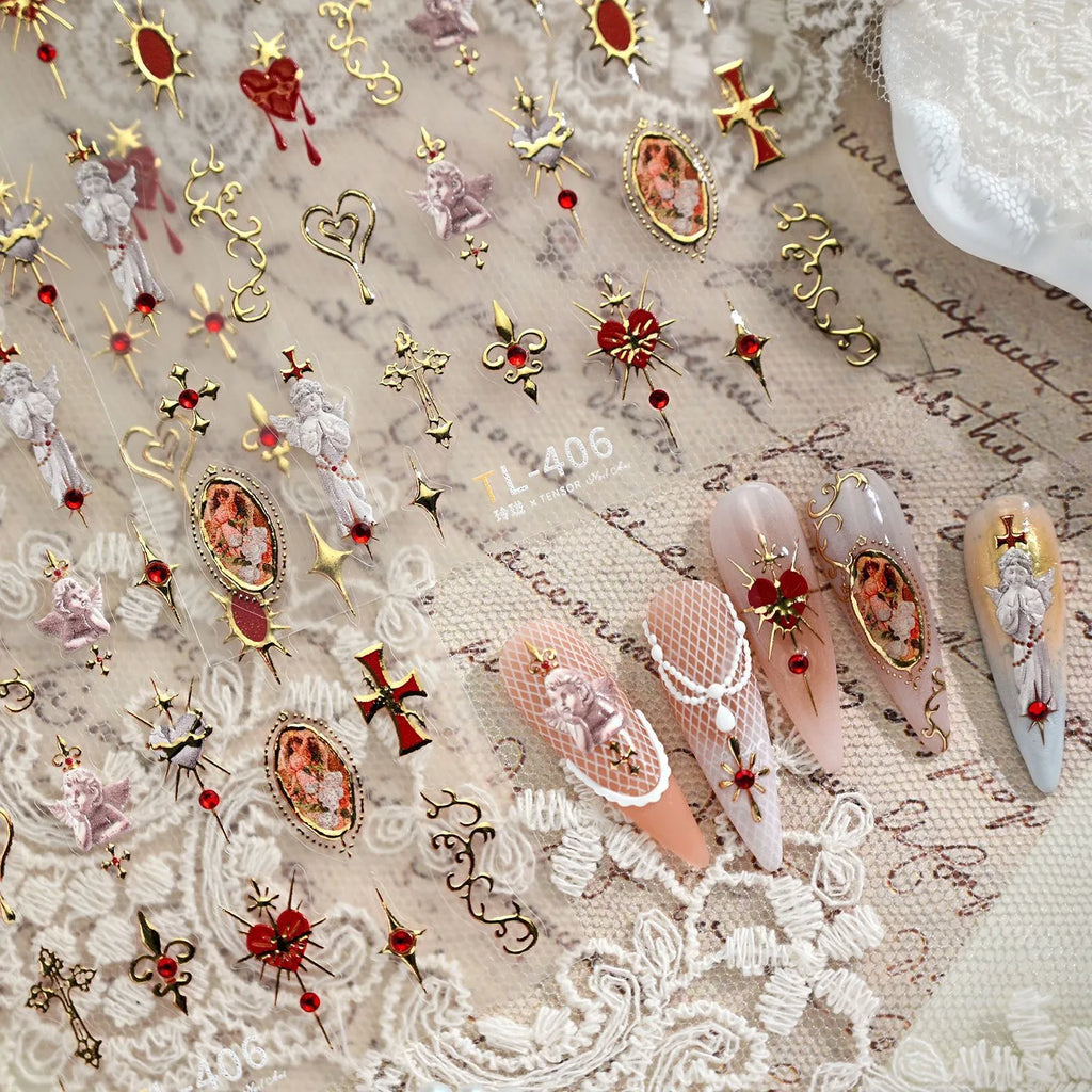 Sacred Heart Angel Nail Stickers | Vintage Gothic Cross Decals TL406