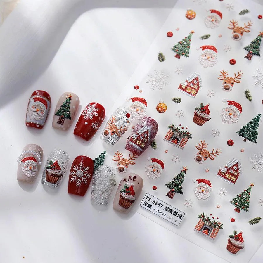 Santa Clause Nail Art Stickers Adhesive Snowflake Tree Embossed Sticker Decals TS3867