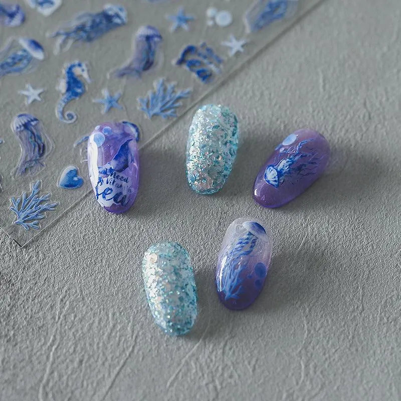 Sea Life Nail Art Stickers Jellyfish Starfish Coral Adhesives Sticker Decals 