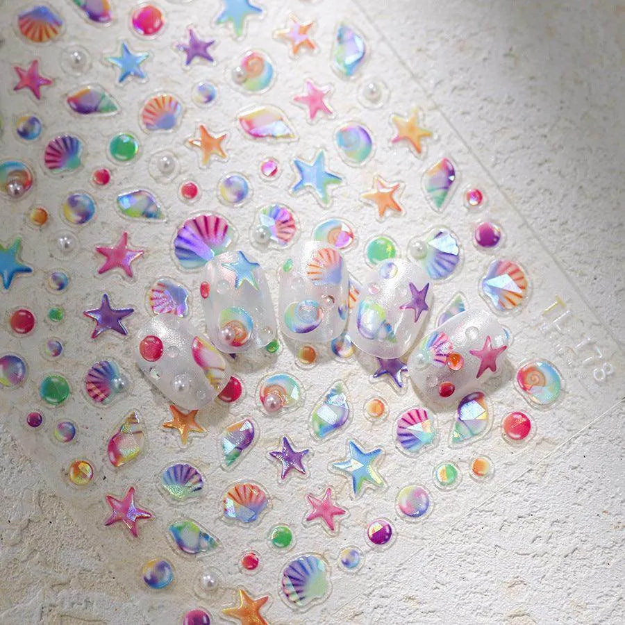 Seahorse Nail Stickers Colorful Shell Adhesive Embossed Summer Nail Art Sticker Decals M367
