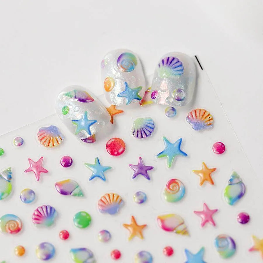 Seahorse Nail Stickers Colorful Shell Adhesive Embossed Summer Nail Art Sticker Decals M367