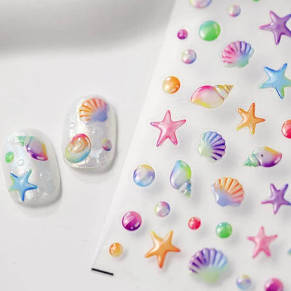 Seahorse Nail Stickers Colorful Shell Adhesive Embossed Summer Nail Art Sticker Decals M367