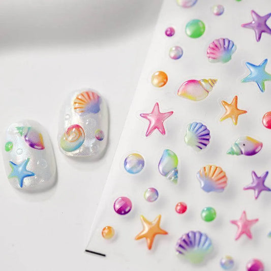 Seahorse Nail Stickers Colorful Shell Adhesive Embossed Summer Nail Art Sticker Decals M367