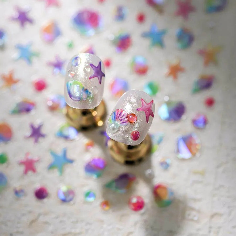 Seahorse Nail Stickers Colorful Shell Adhesive Embossed Summer Nail Art Sticker Decals M367