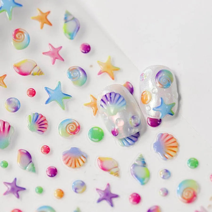 Seahorse Nail Stickers Colorful Shell Adhesive Embossed Summer Nail Art Sticker Decals M367