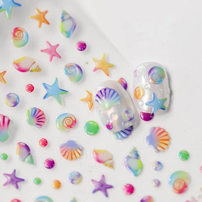 Seahorse Nail Stickers Colorful Shell Adhesive Embossed Summer Nail Art Sticker Decals M367