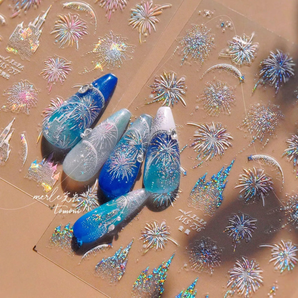 Shiny Glitter Fireworks Nail Art Stickers Adhesive Castle Sticker Decals MS756