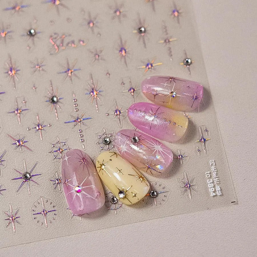 Shiny Star Nail Art Stickers Adhesive Embossed Cross Star with Studs Sticker Decals