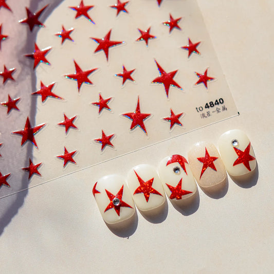 Shiny Star Nail Art Stickers Adhesive Embossed Red Stars Sticker Decals to4840
