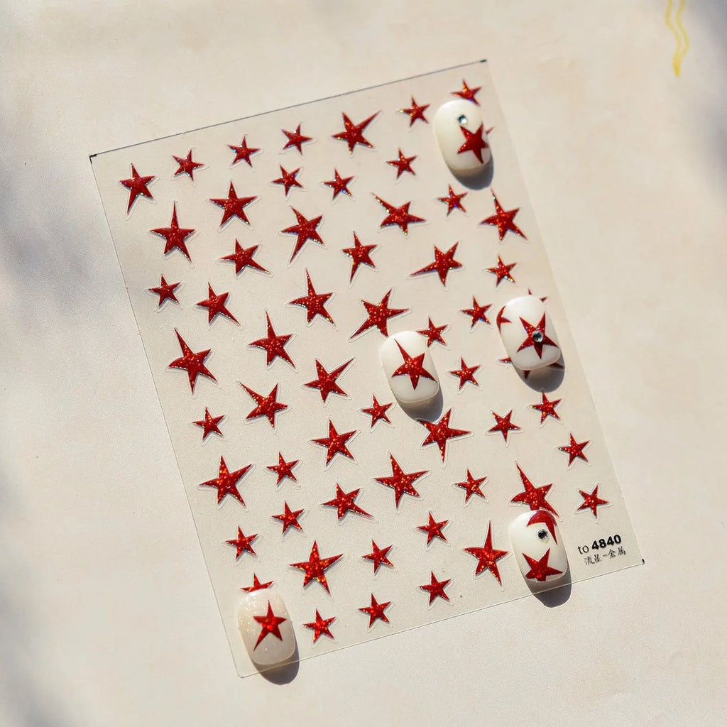 Shiny Star Nail Art Stickers Adhesive Embossed Red Stars Sticker Decals to4840