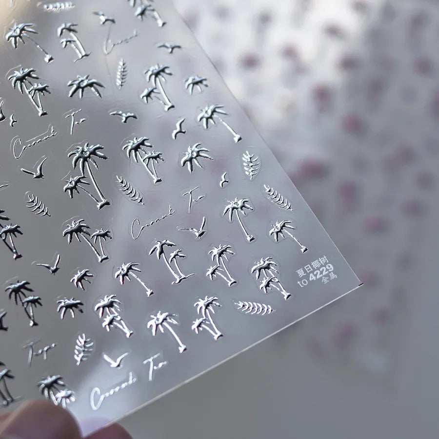 5D Palm Tree Nail Stickers – Black, White, Gold & Silver Tropical Nail Decals