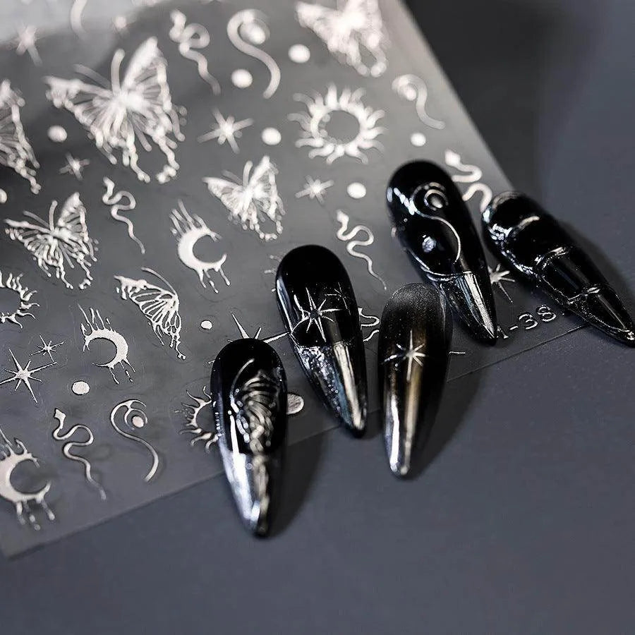 Silver Butterfly Nail Stickers with Moon & Stars Celestial Adhesive Nail Art Decals M381