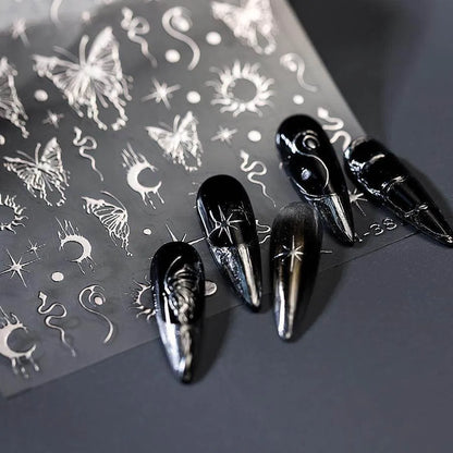 Silver Butterfly Nail Stickers with Moon & Stars Celestial Adhesive Nail Art Decals M381