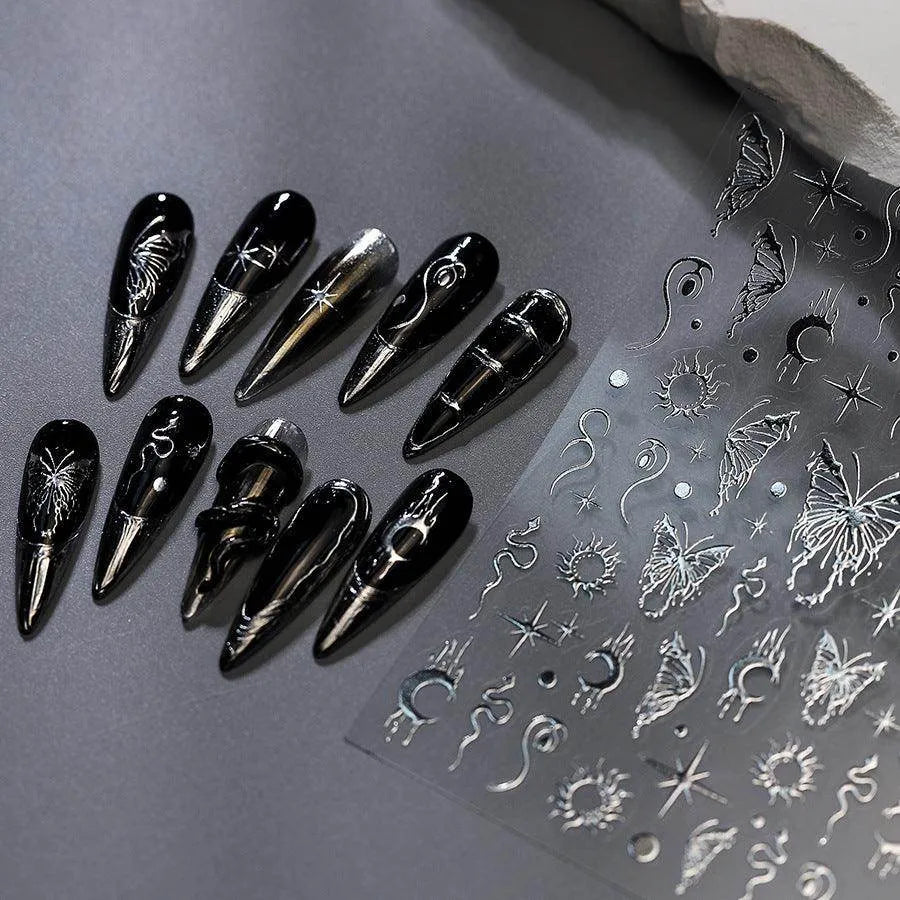 Silver Butterfly Nail Stickers with Moon & Stars Celestial Adhesive Nail Art Decals M381