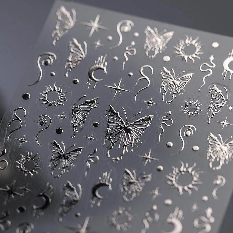 Silver Butterfly Nail Stickers with Moon & Stars Celestial Adhesive Nail Art Decals M381