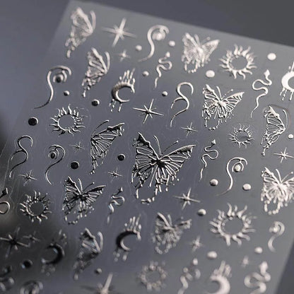 Silver Butterfly Nail Stickers with Moon & Stars Celestial Adhesive Nail Art Decals M381