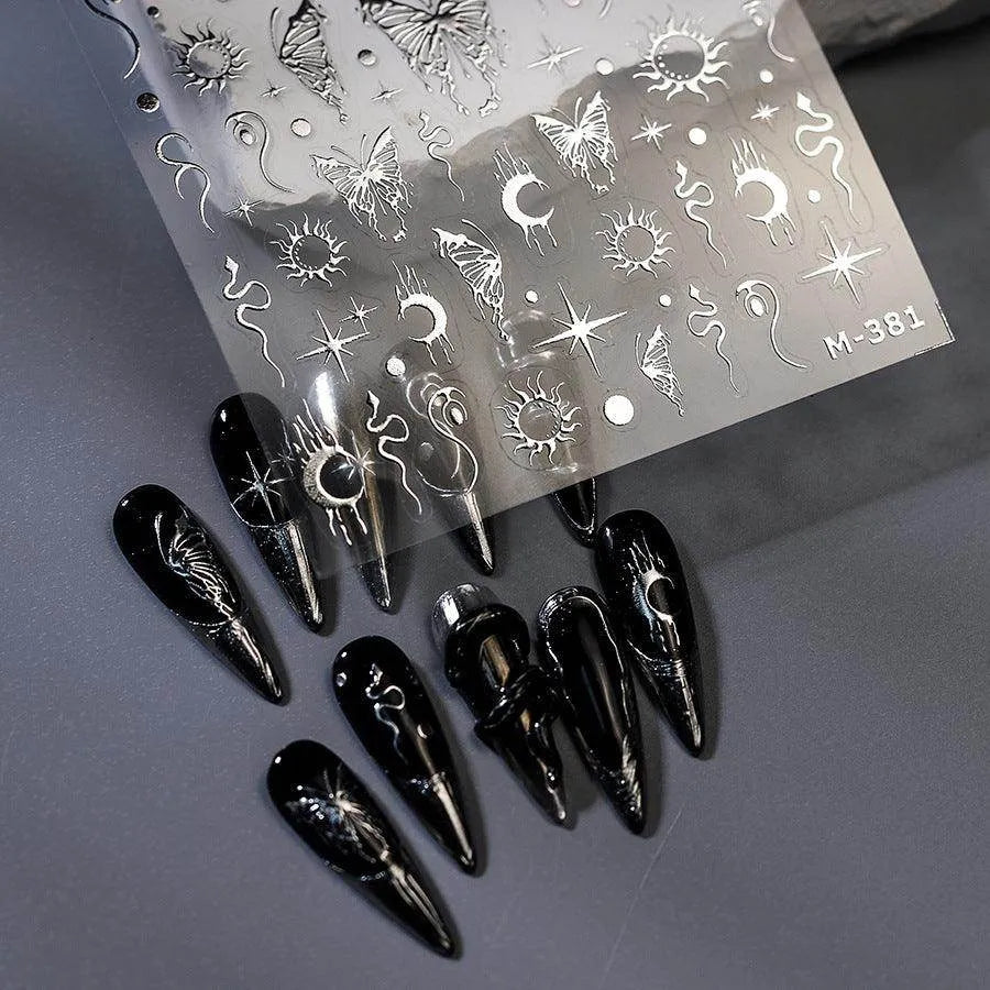Silver Butterfly Nail Stickers with Moon & Stars Celestial Adhesive Nail Art Decals M381