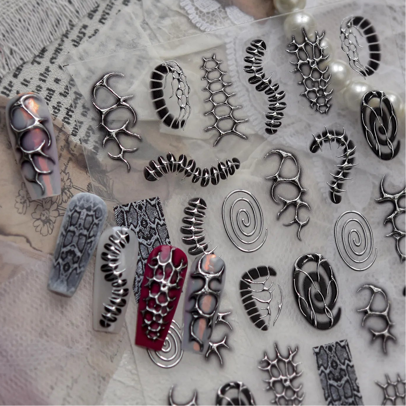 Silver Cyber Sigilism Nail Stickers | Liquid Metal Chrome Y2K Decals 