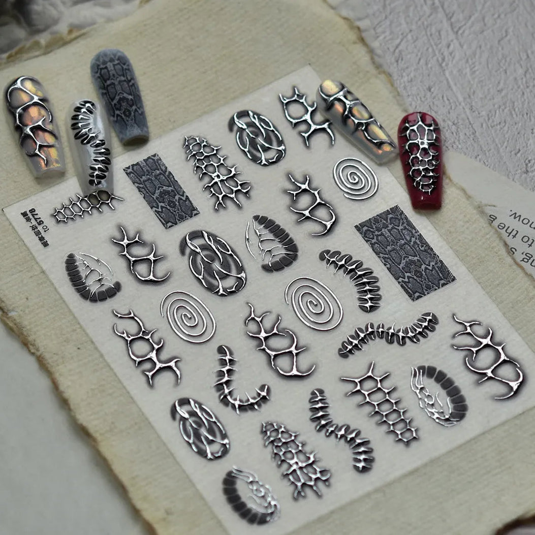 Silver Cyber Sigilism Nail Stickers | Liquid Metal Chrome Y2K Decals 