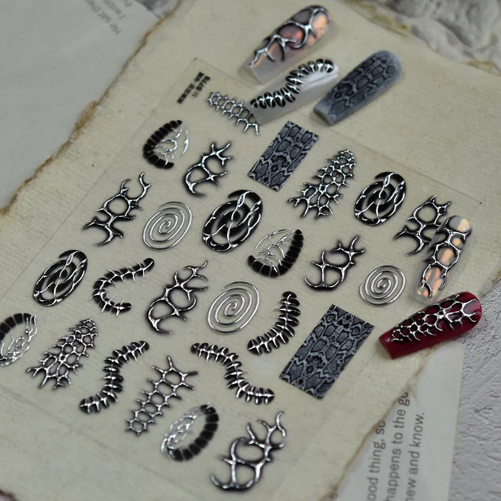 Silver Cyber Sigilism Nail Stickers | Liquid Metal Chrome Y2K Decals 