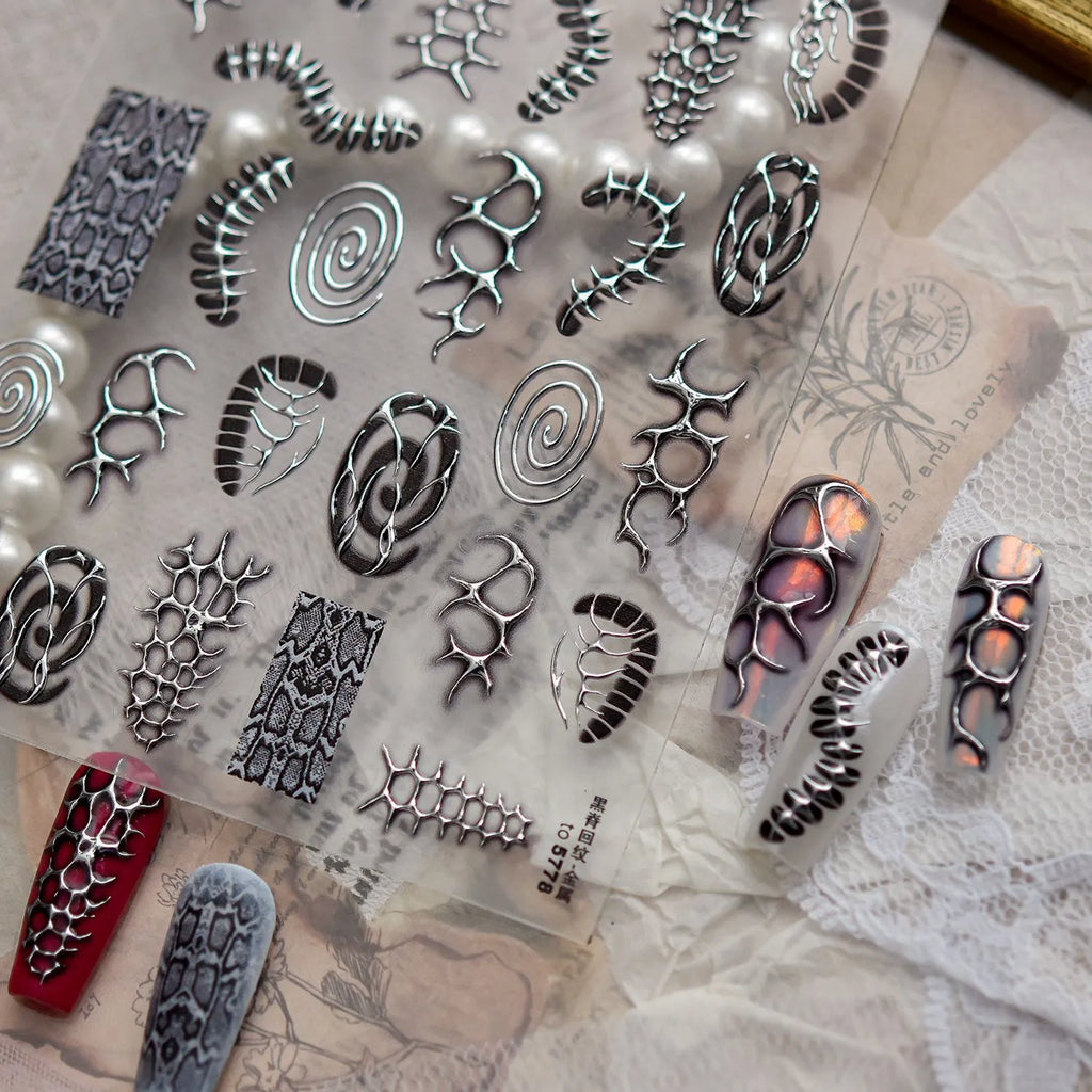 Silver Cyber Sigilism Nail Stickers | Liquid Metal Chrome Y2K Decals 