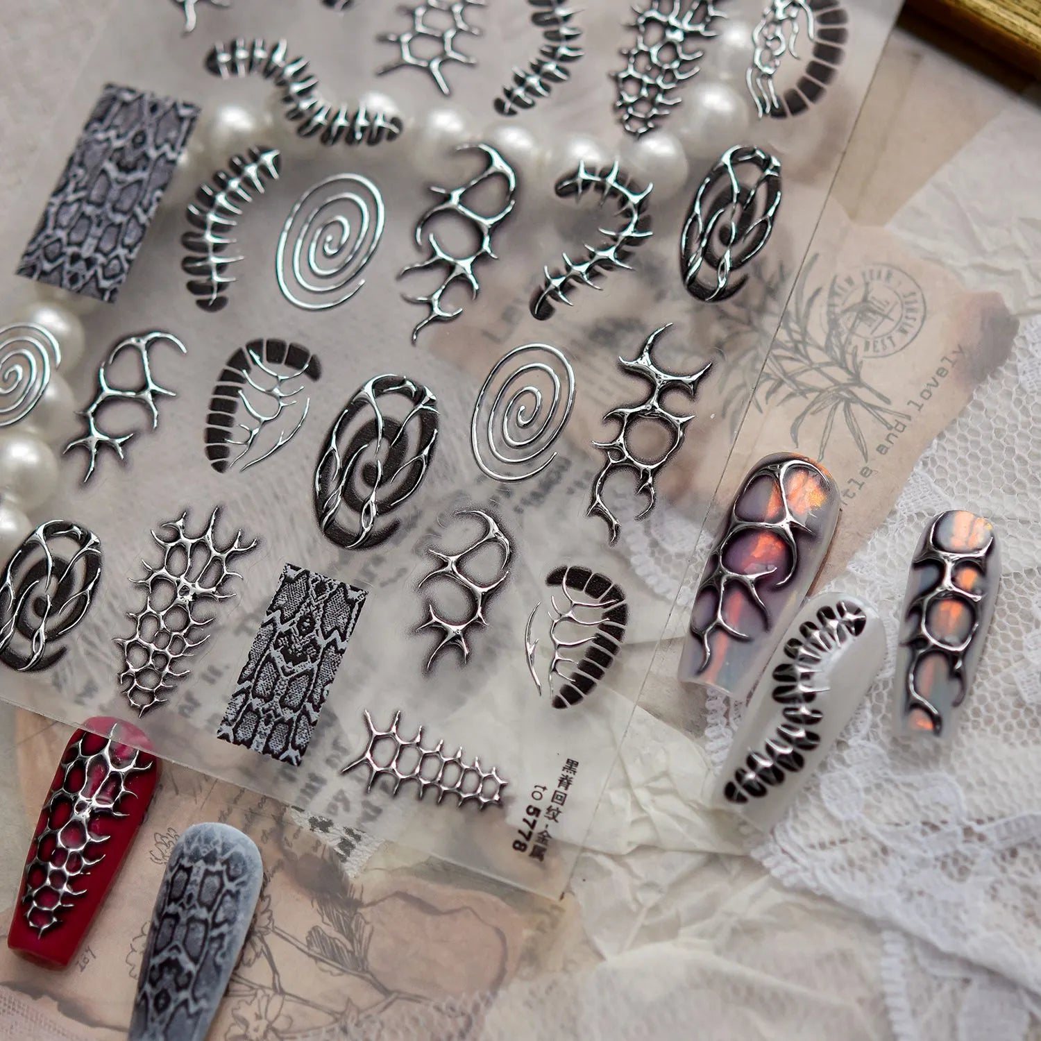 Silver Cyber Sigilism Nail Stickers | Liquid Metal Chrome Y2K Decals 