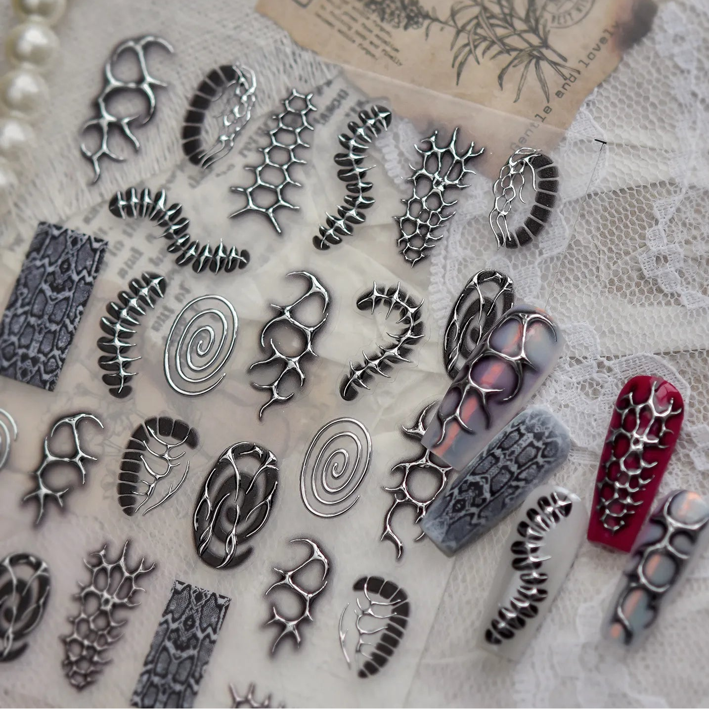 Silver Cyber Sigilism Nail Stickers | Liquid Metal Chrome Y2K Decals 