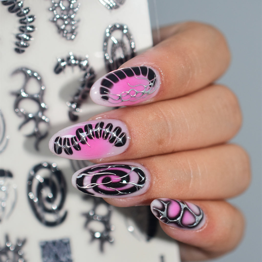 Silver Cyber Sigilism Nail Stickers | Liquid Metal Chrome Y2K Decals 5778