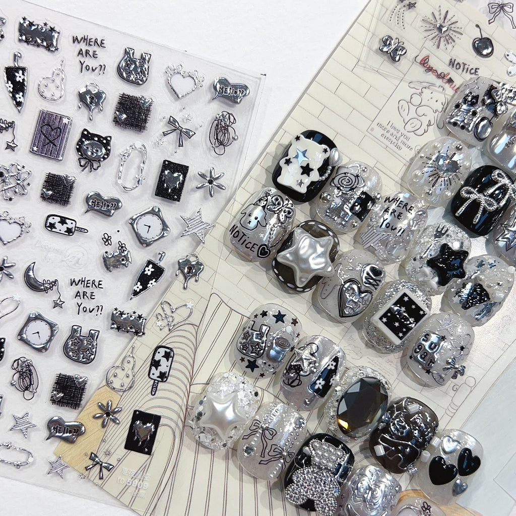 Silver Metallic 3D Nail Stickers - Y2K Cyberpunk Star & Heart Decals 5907