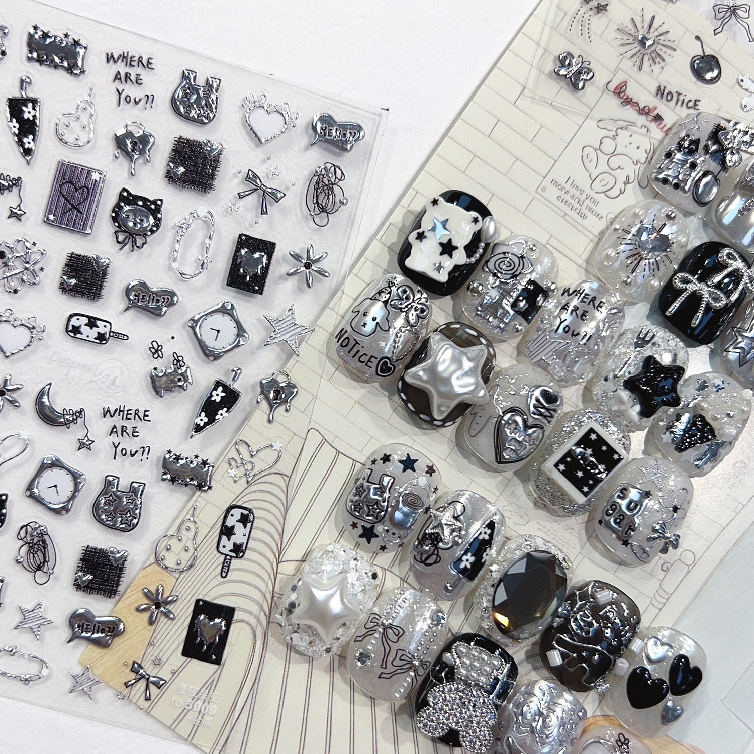 Silver Metallic 3D Nail Stickers - Y2K Cyberpunk Star & Heart Decals 5907