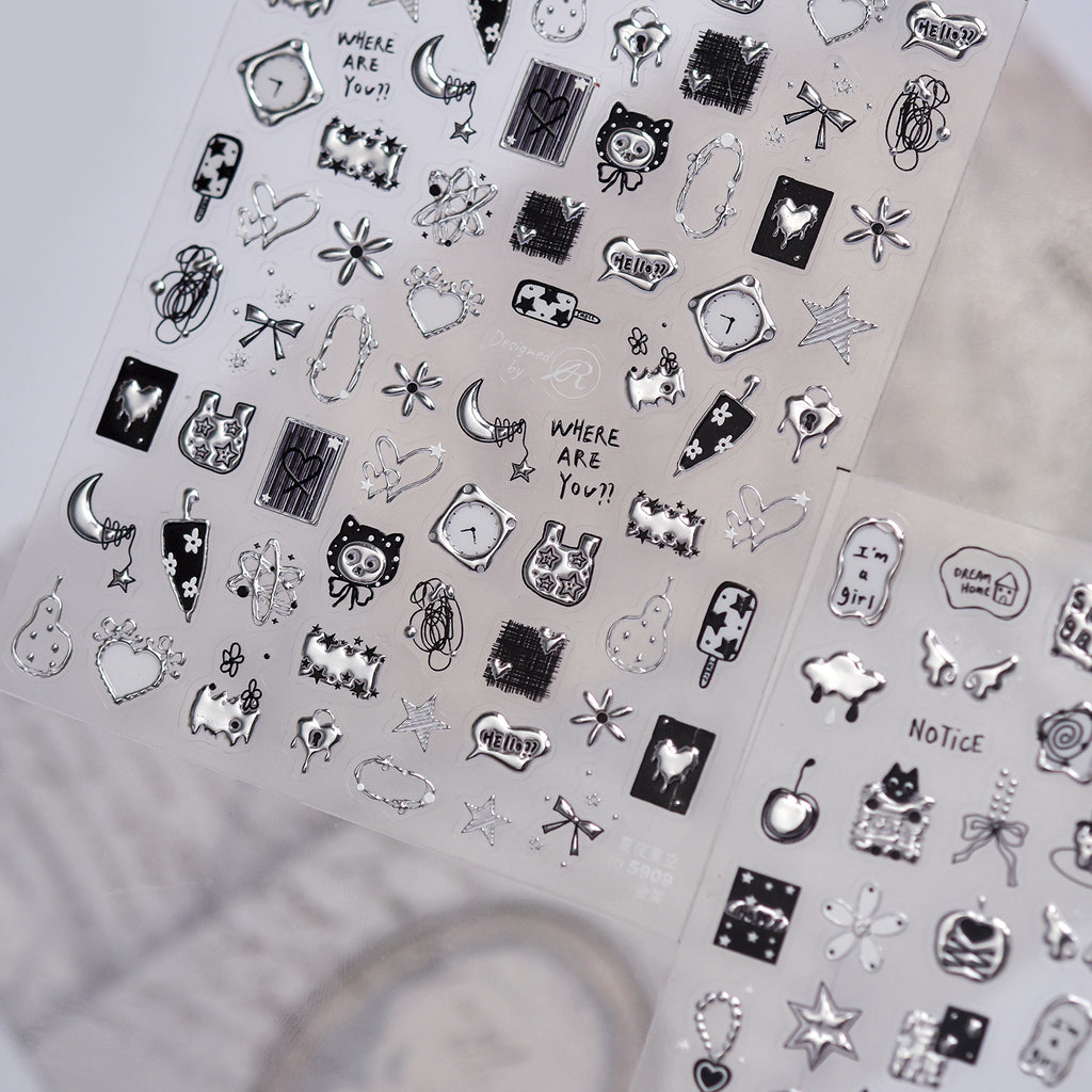 Silver Metallic 3D Nail Stickers - Y2K Cyberpunk Star & Heart Decals 5907