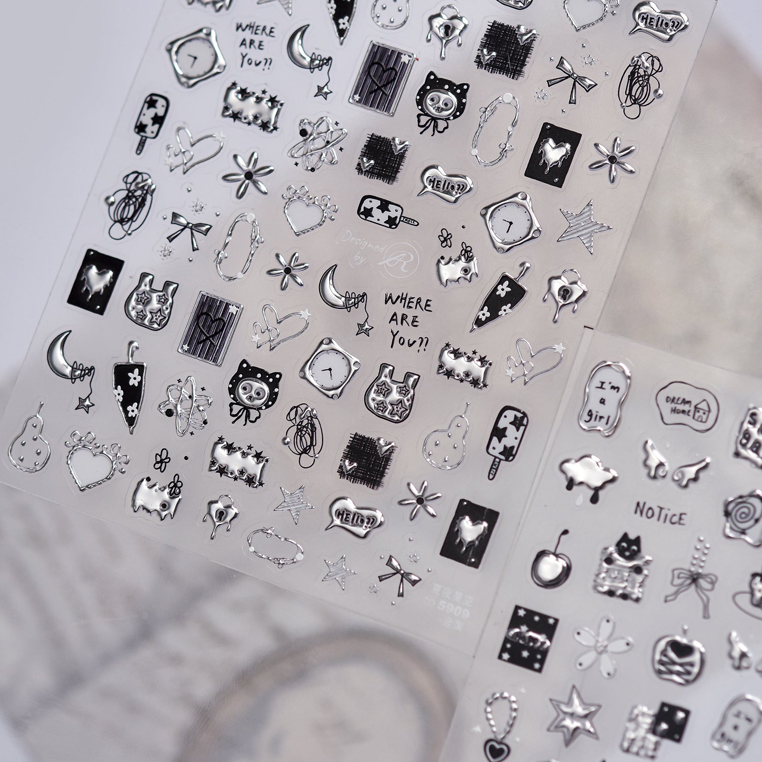 Silver Metallic 3D Nail Stickers - Y2K Cyberpunk Star & Heart Decals 5907
