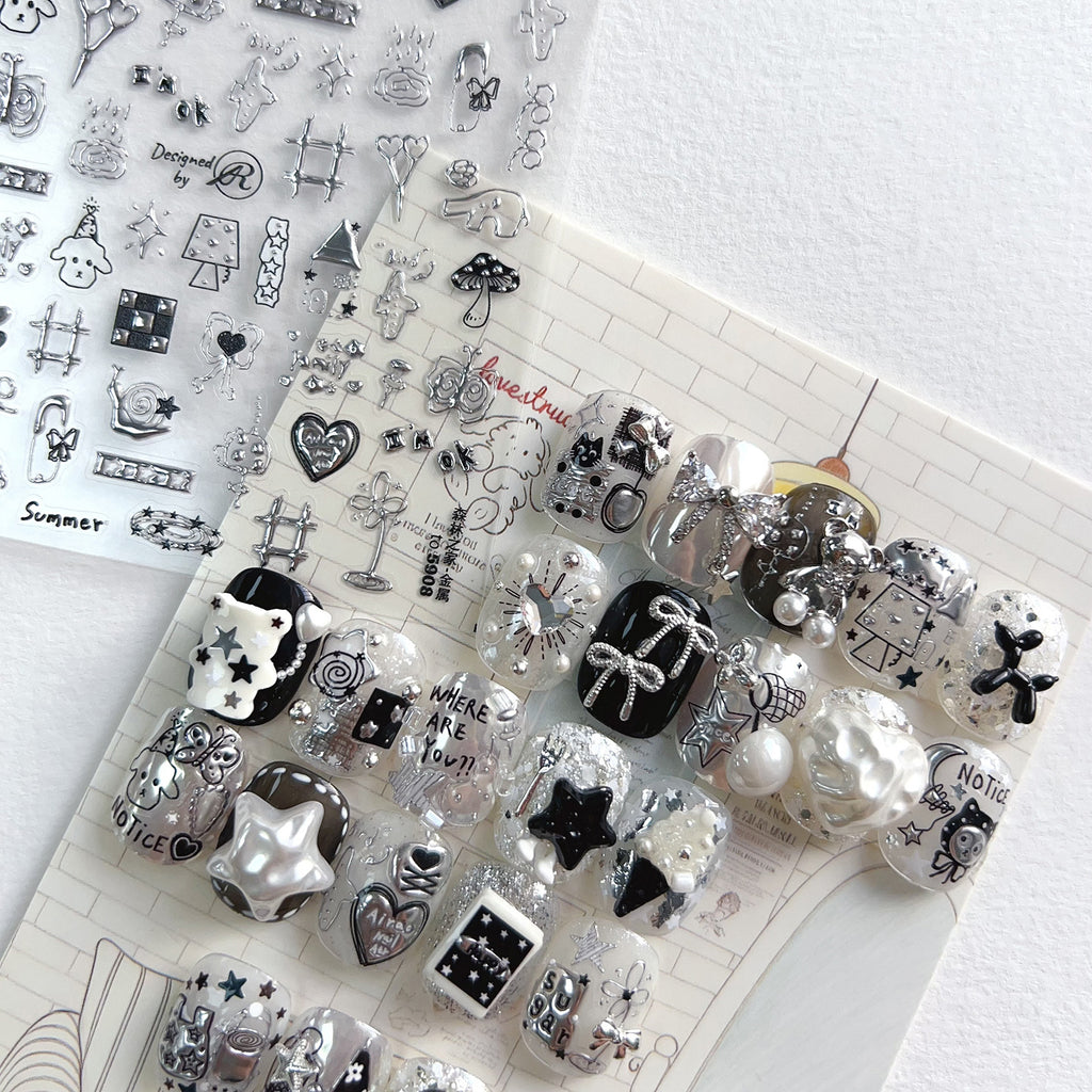 Silver Metallic 3D Nail Stickers - Y2K Cyberpunk Star & Heart Decals 5907