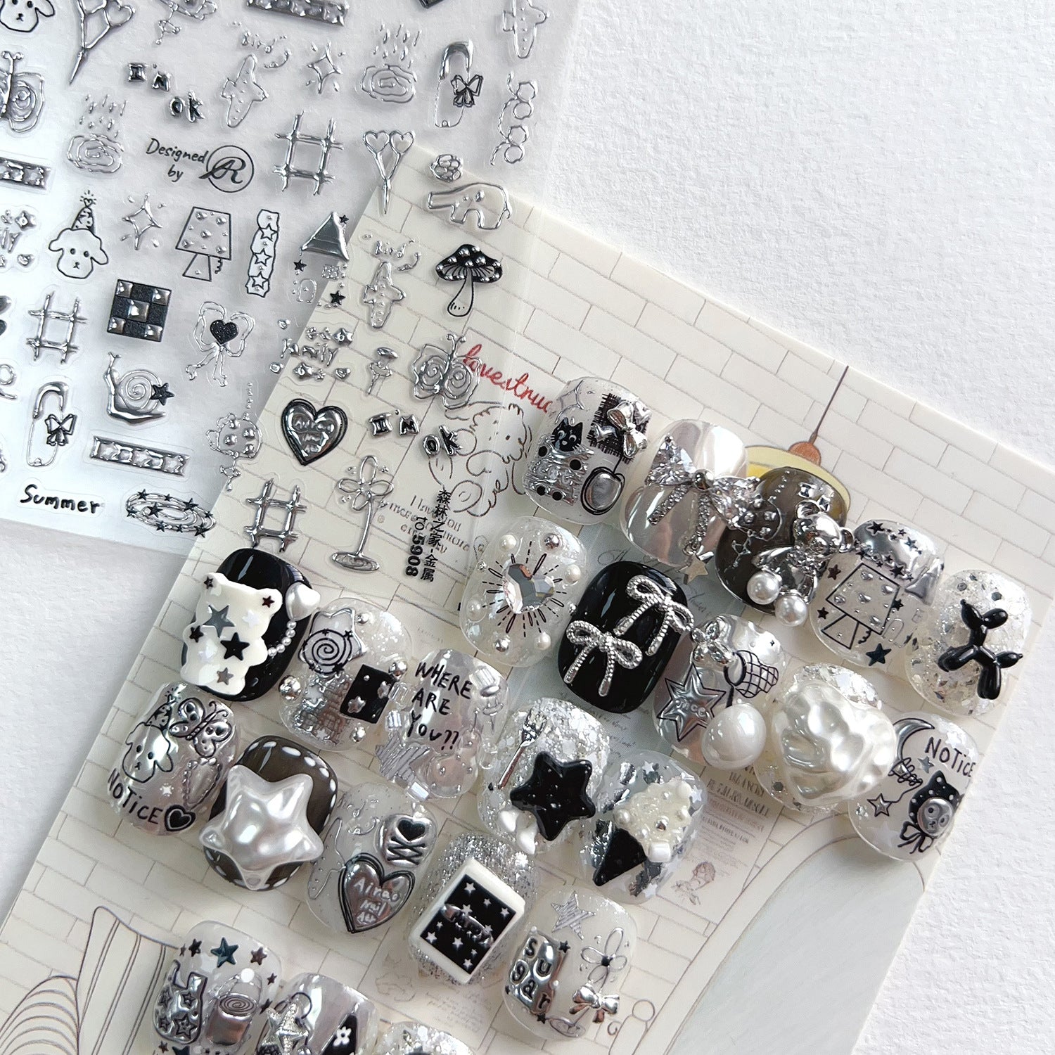 Silver Metallic 3D Nail Stickers - Y2K Cyberpunk Star & Heart Decals 5907