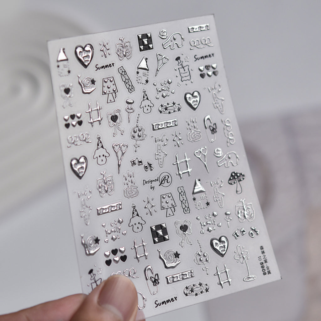 Silver Metallic 3D Nail Stickers - Y2K Cyberpunk Star & Heart Decals 5907