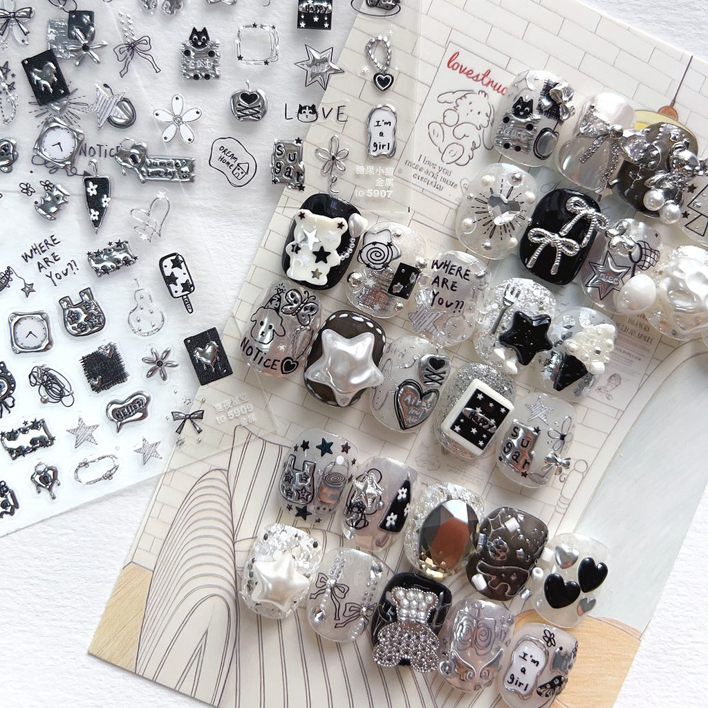Silver Metallic 3D Nail Stickers - Y2K Cyberpunk Star & Heart Decals 5907