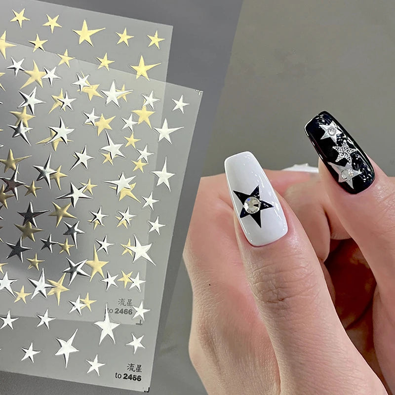 Silver Star Nail Art Stickers Metal Color Stars Adhesive Embossed Sticker Decals 