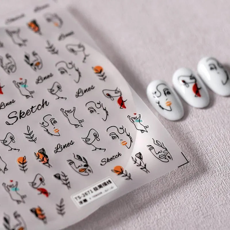 Sketch Face Line Nail Art Stickers Abstract Lines Adhesive Sticker Decals TS2671