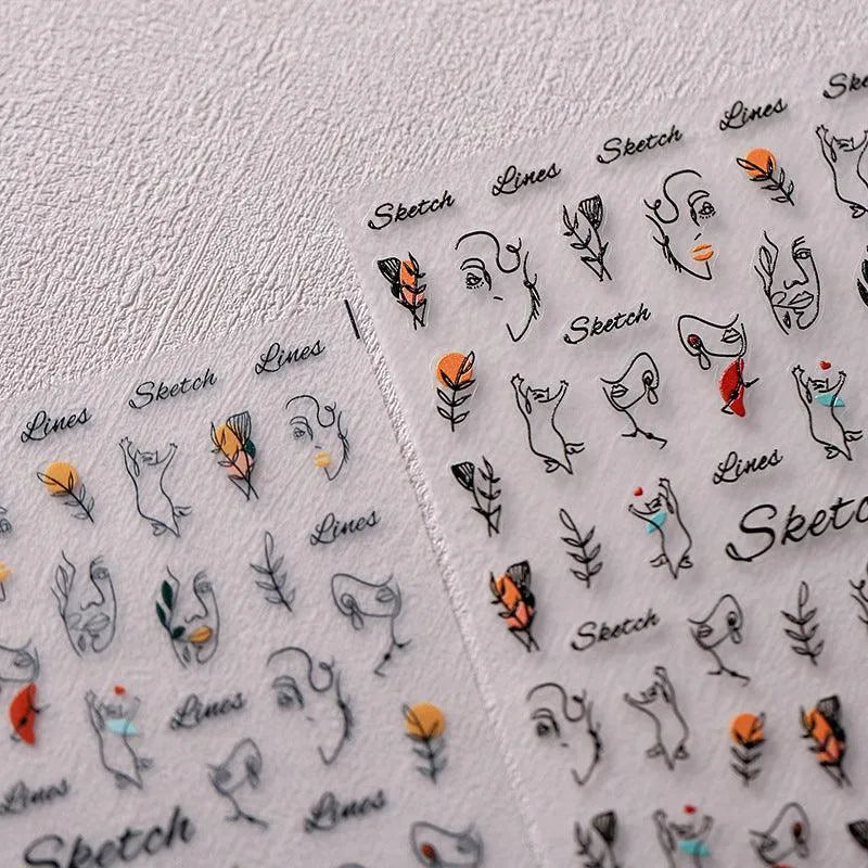 Sketch Face Line Nail Art Stickers Abstract Lines Adhesive Sticker Decals TS2671