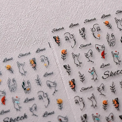 Sketch Face Line Nail Art Stickers Abstract Lines Adhesive Sticker Decals TS2671