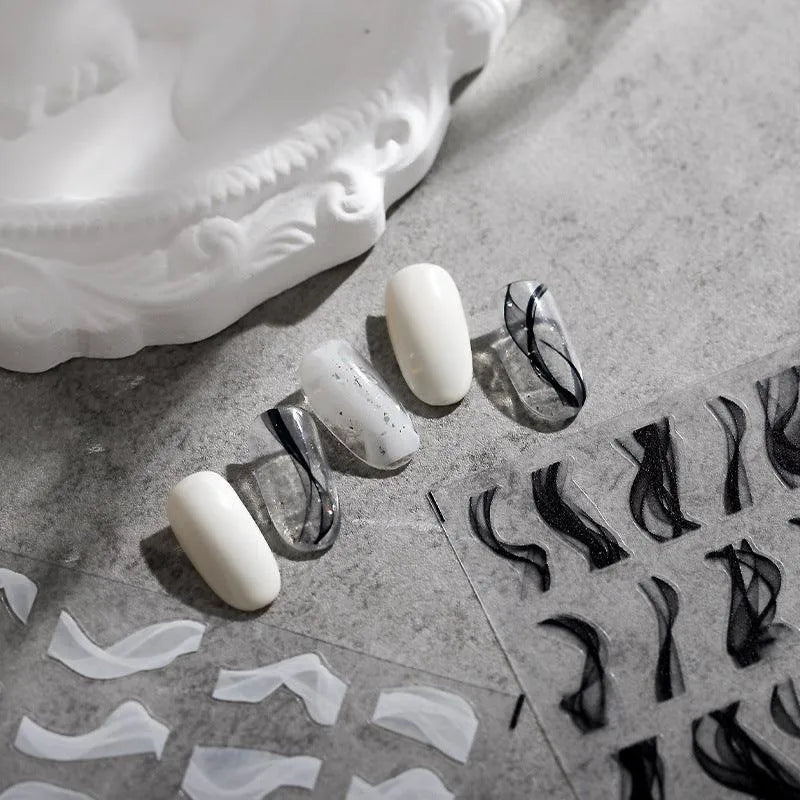 Smoke Shape Nail Art Stickers Black White Ribbon Adhesive Sticker Decals TS1662