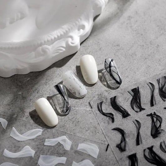 Smoke Shape Nail Art Stickers Black White Ribbon Adhesive Sticker Decals TS1662