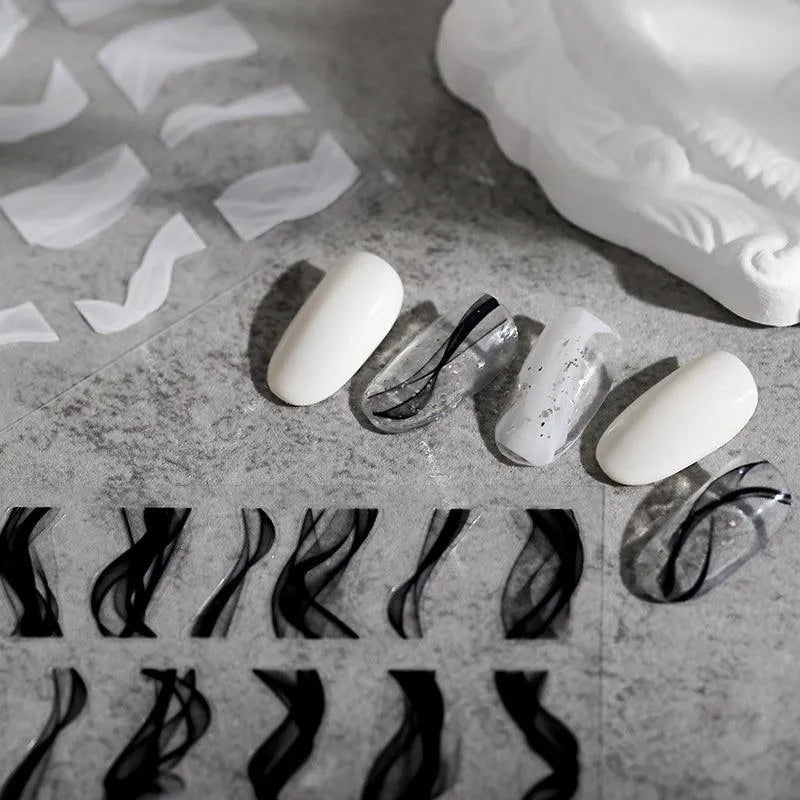 Smoke Shape Nail Art Stickers Black White Ribbon Adhesive Sticker Decals TS1662