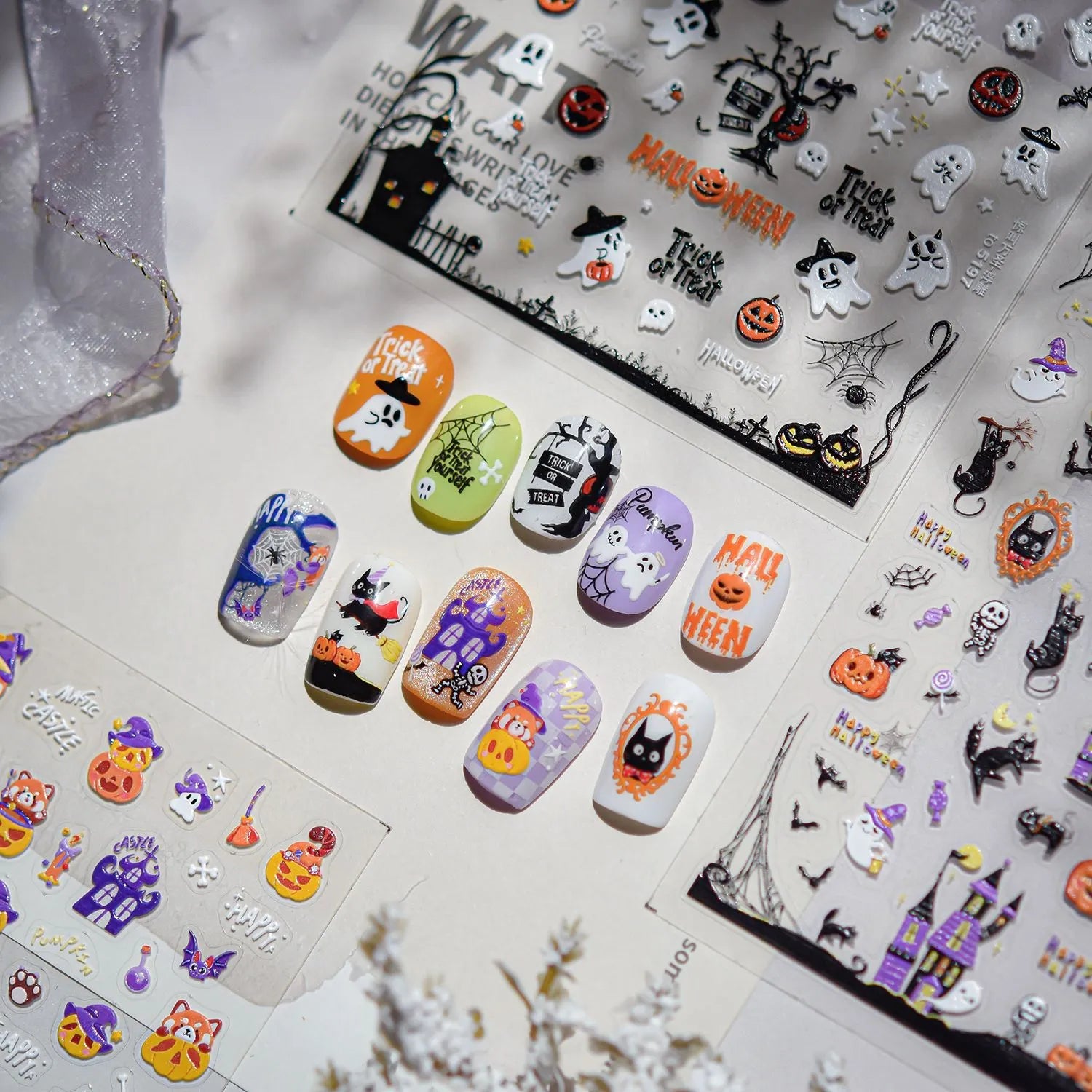 Spooky Black Cat 5D Halloween Nail Stickers | Cute Ghost & Skeleton Nail Art Decals